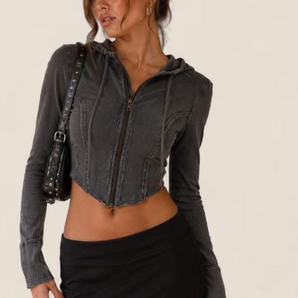 Urban Outfitters Washed Black Corset Zip Up Cropped Hoodie Size Small